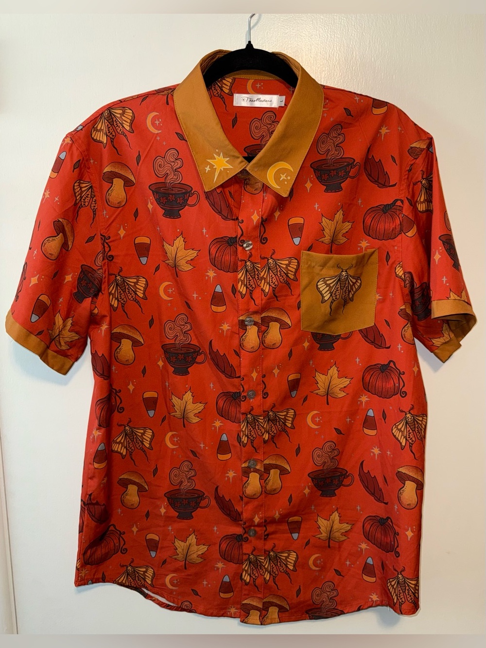 Theo Masters Orange Autumn/Halloween Print Short Sleeve Button Down
